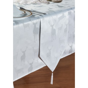 Large Stag White/Silver Table Runner - Xmas Table Cloth Range